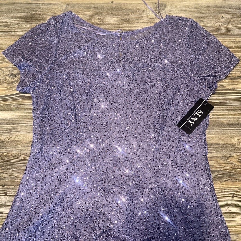 SL FASHIONS Mystic Heather Tea Length Sequin Lace Midi Fit and Flare Dress SZ 10 - Picture 3 of 10